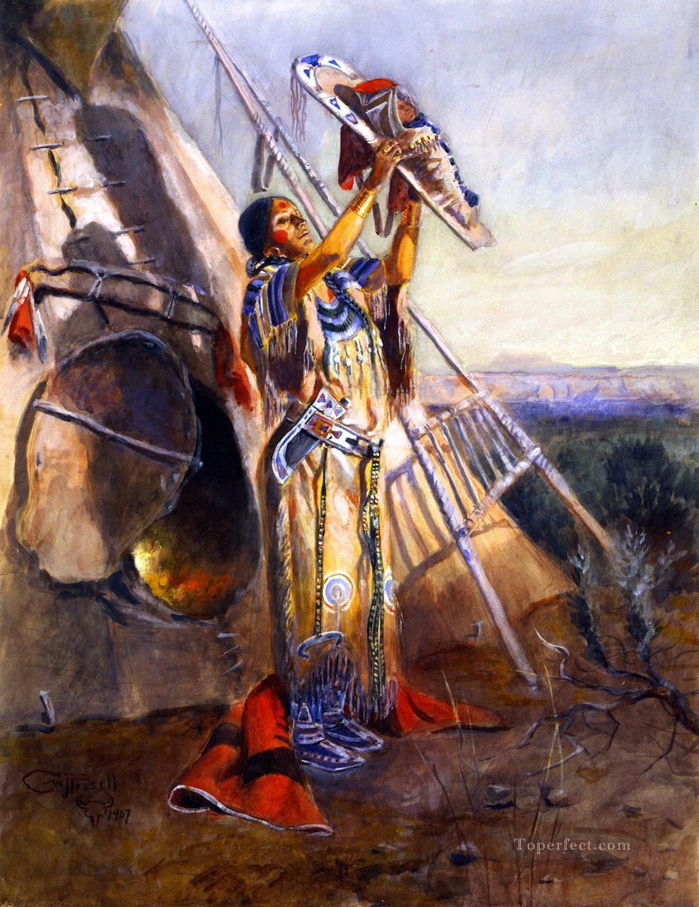 sun worship in montana 1907 Charles Marion Russell Oil Paintings